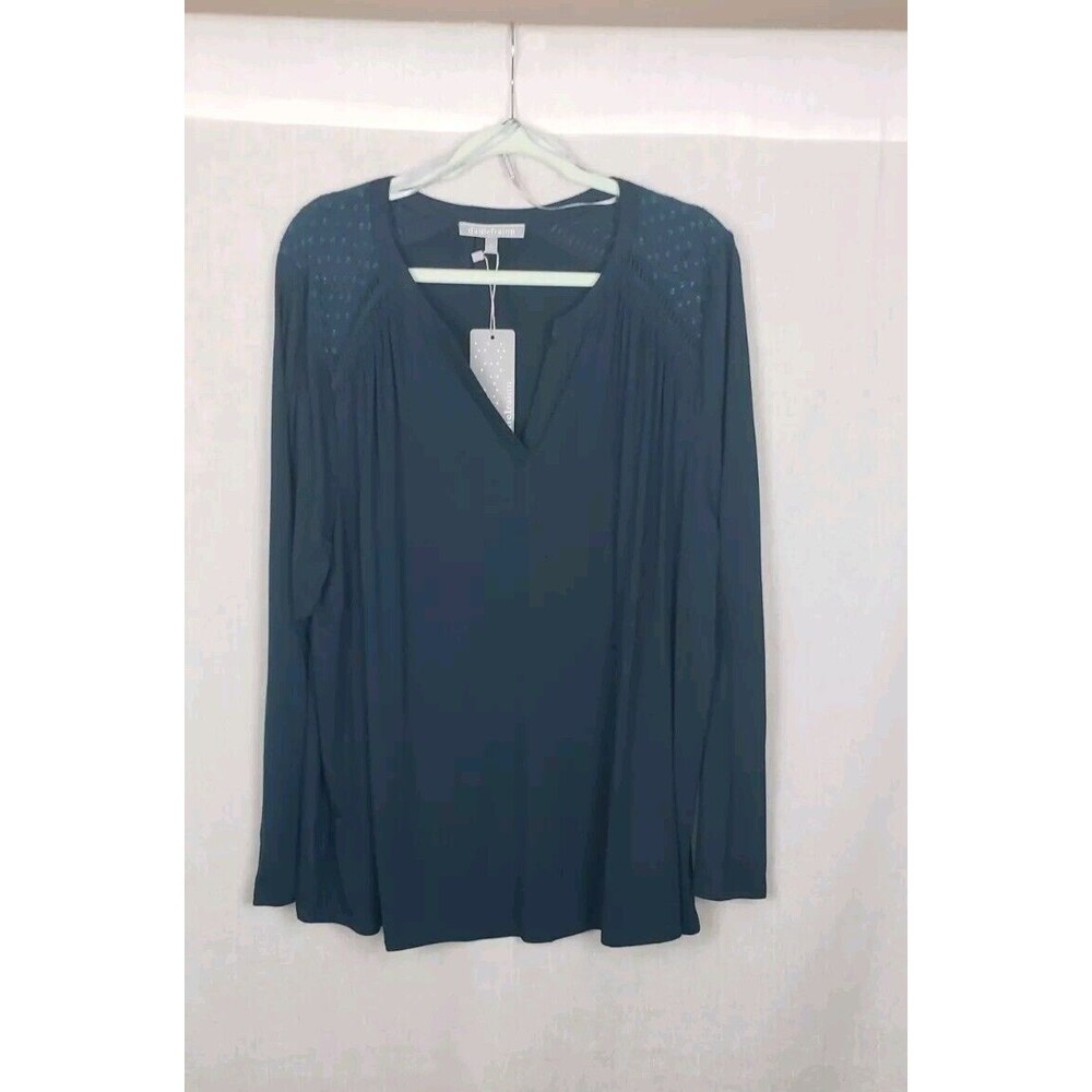 Daniel Rainn Blouse Top‎ Plus 3X Hunter Green Pintuck Polka Dot Sheer Shoulders